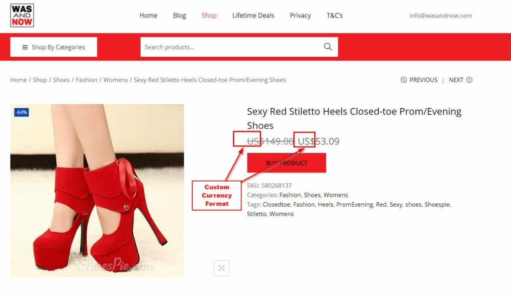 Was and Now WooCommerce Custom Currency Format example