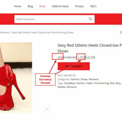 Was and Now WooCommerce Custom Currency Format example