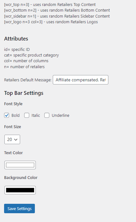 Build Affiliate Stores WooCommerce Affiliate Retailer Plugin settings